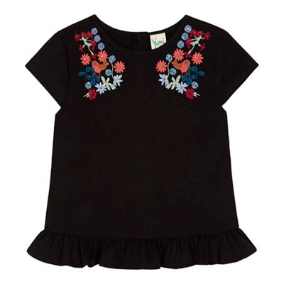 Black Floral Embroided Peplum Top